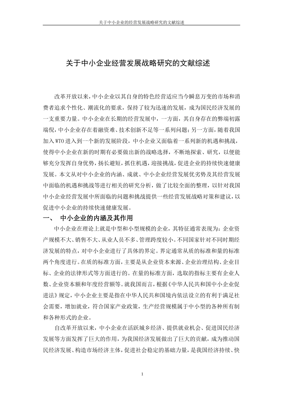 关于中小企业经营发展战略研究的文献综述_第1页