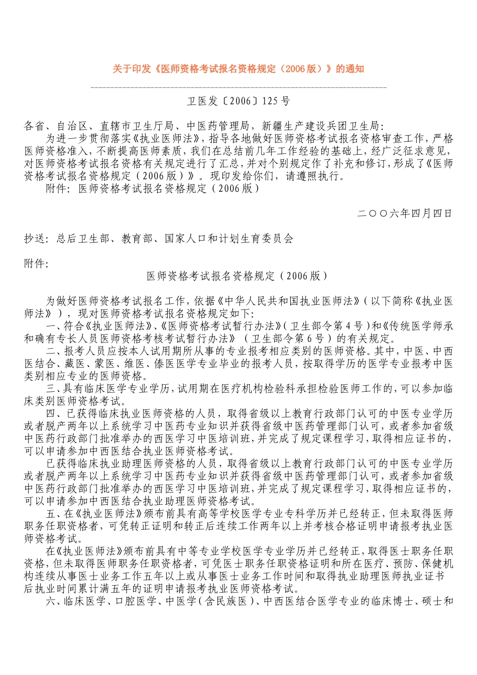《医师资格考试报名资格规定(2006版)》的通知_第1页