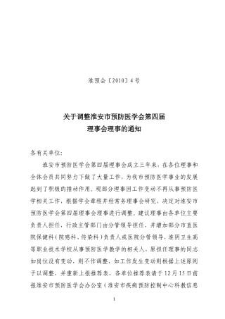 关于推荐淮安市预防医学会第四届理事会理事人选的通知