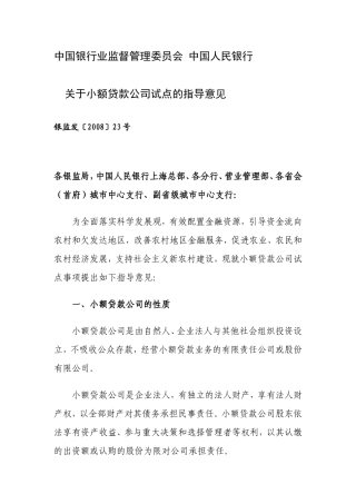 关于小额贷款公司试点的指导意见