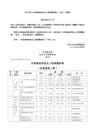 《注册建造师执业工程规模标准》(试行)的通知(建市【2007】171号)