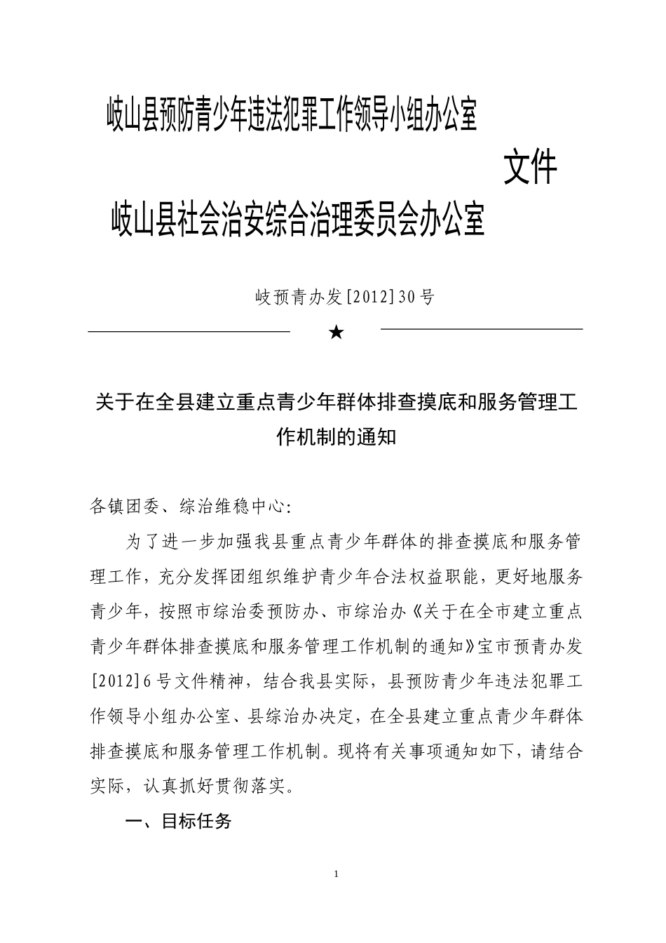 在全县建立重点青少年群体排查摸底和服务管理工作机制的通知(1)_第1页