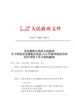 景东彝族自治县2010年新型农村合作医疗筹资工作方案的通知