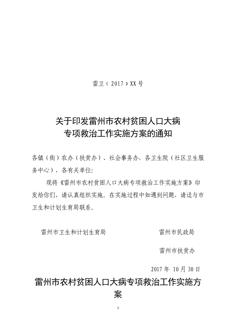 雷州市农村贫困人口大病专项救治工作实施方案的通知_第1页