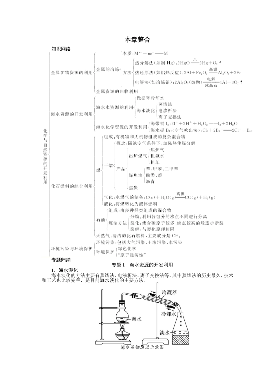 化学必修2学案：本章整合-第四章化学与自然资源的开发利用-含解析-精品_第1页