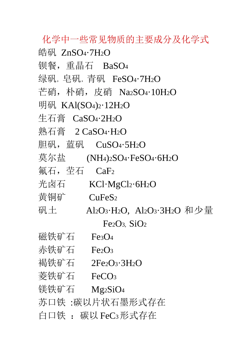 化学中一些常见物质的主要成分及化学式_第1页