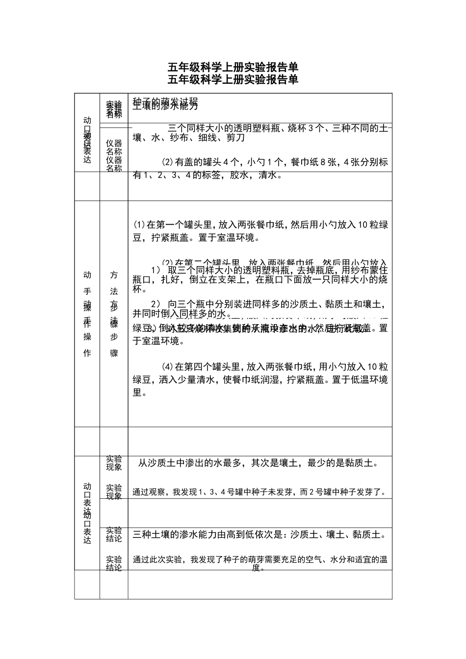 冀教版五年级科学上册实验报告单(002)_第1页