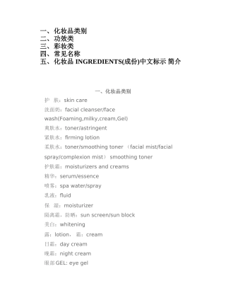 化妆品常用词汇中英文对照