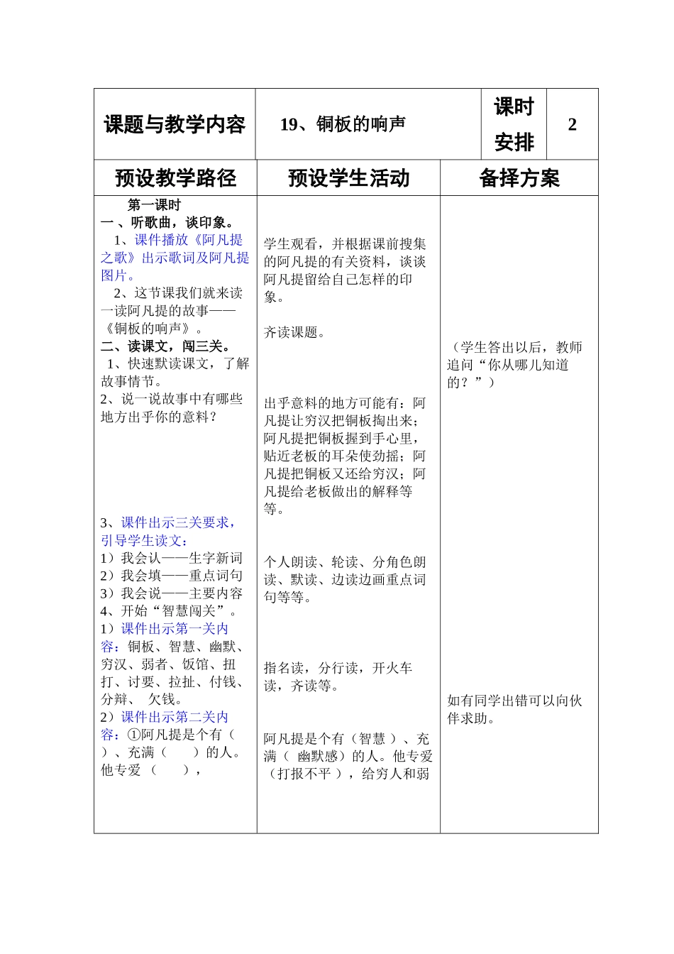 冀教版小学二年级语文下册《铜板的响声》教案(001)_第2页