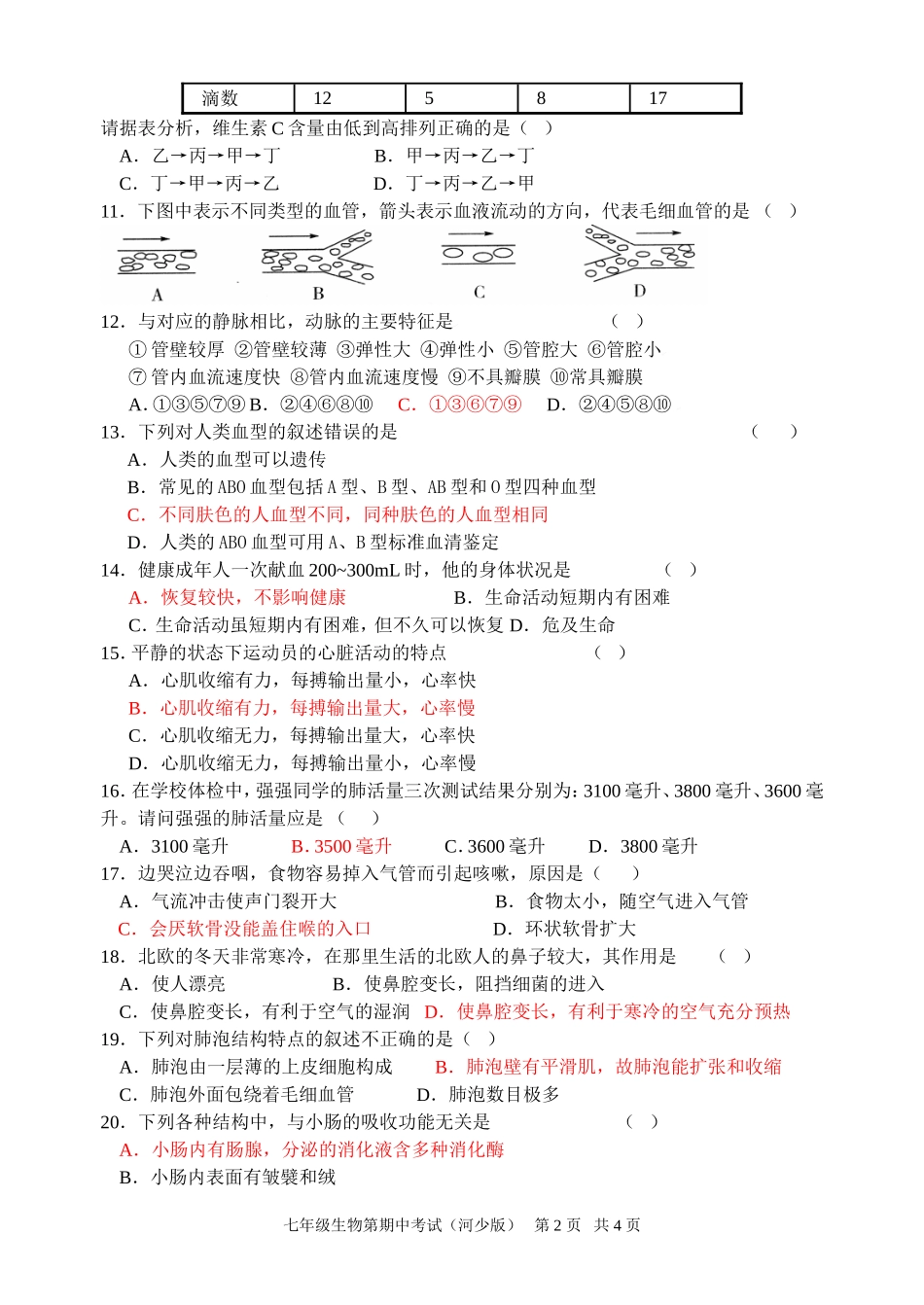 冀少版七年级生物下期中测试题1_第2页