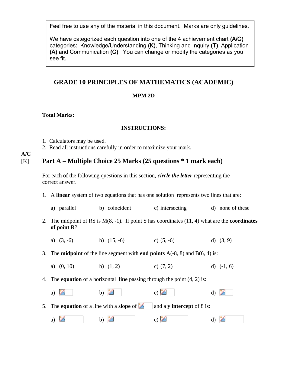 加拿大安大略省十年级数学试卷-英文_第1页
