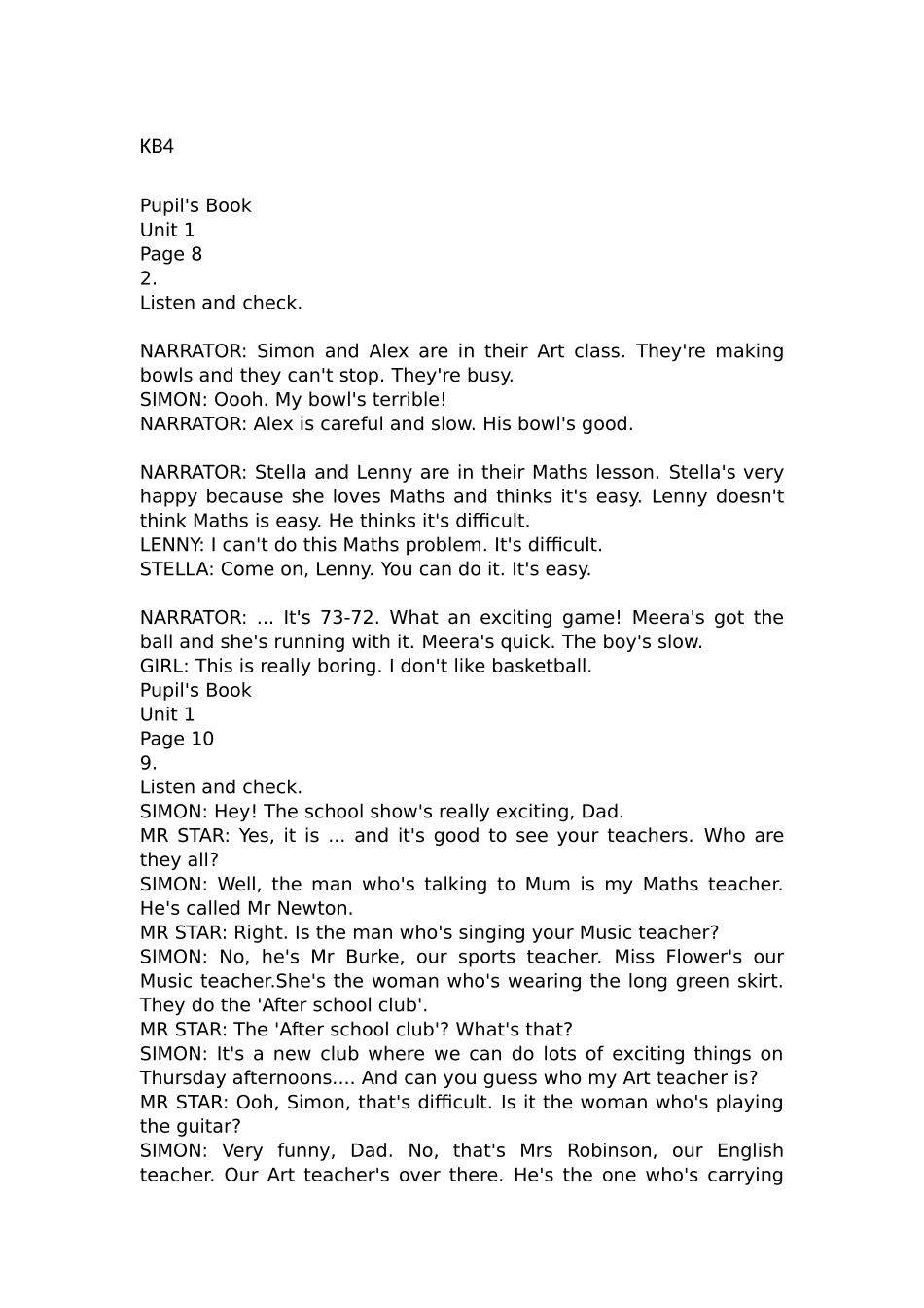 剑桥国际少儿英语KB4-Unit1-8-学生用书听力文本Listening-Script_第1页