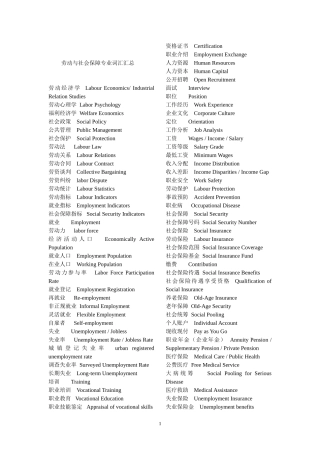 劳动与社会保障专业英语基本词汇