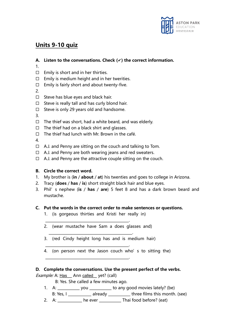 剑桥国际英语教程一级-units9-10-quiz_第1页