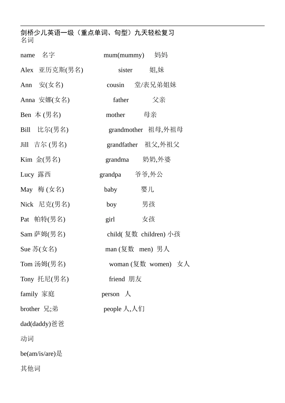 剑桥少儿英语一级(重点单词、句型)_第1页