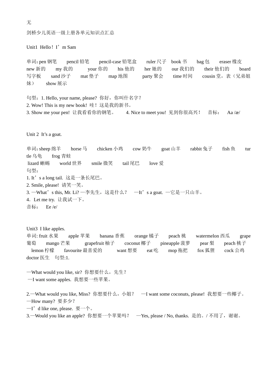剑桥少儿英语一级上册各单元知识点汇总_第1页