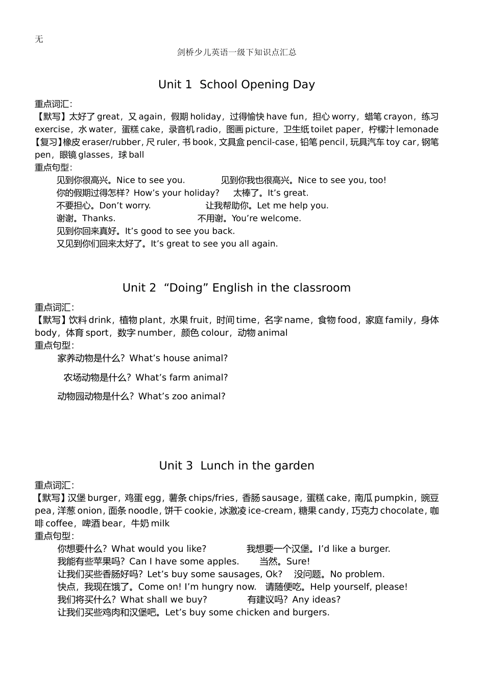 剑桥少儿英语一级下知识点汇总_第1页