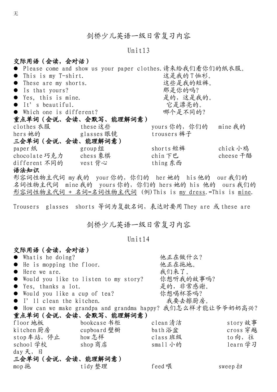 剑桥少儿英语一级知识点总结1_第1页