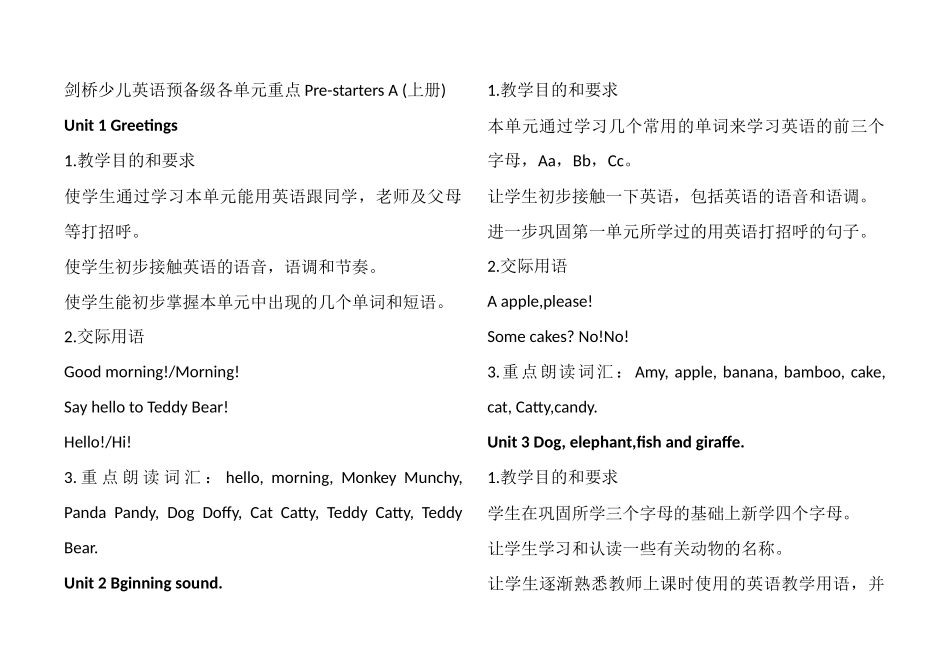 剑桥少儿英语预备级各单元重点Pre-starters-A-(上册)_第1页
