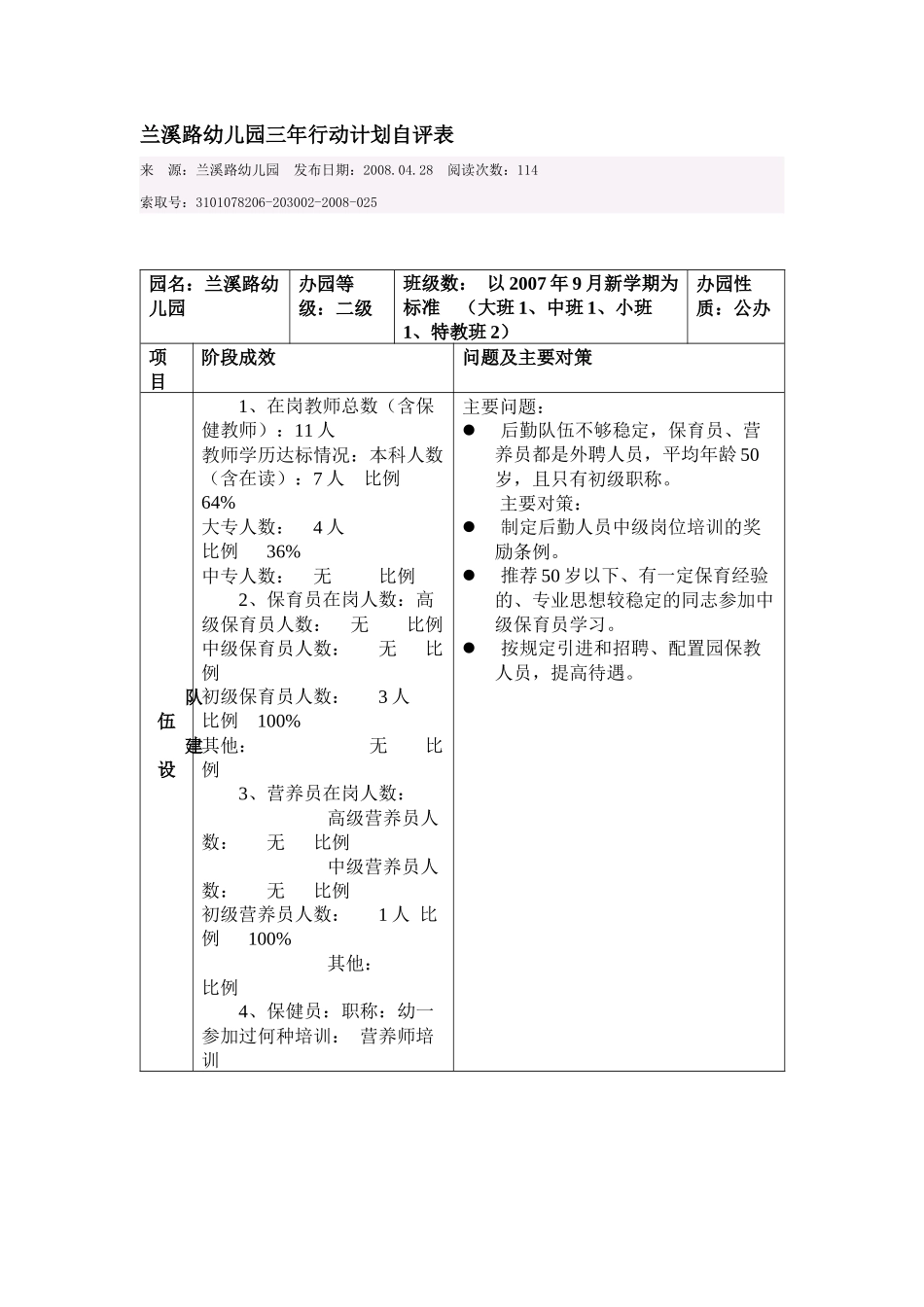 兰溪路幼儿园三年行动计划自评表_第1页