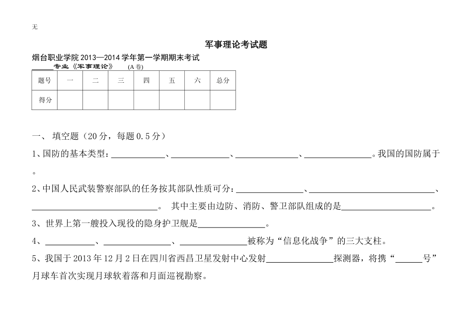 军事理论考试题(A卷)_第1页