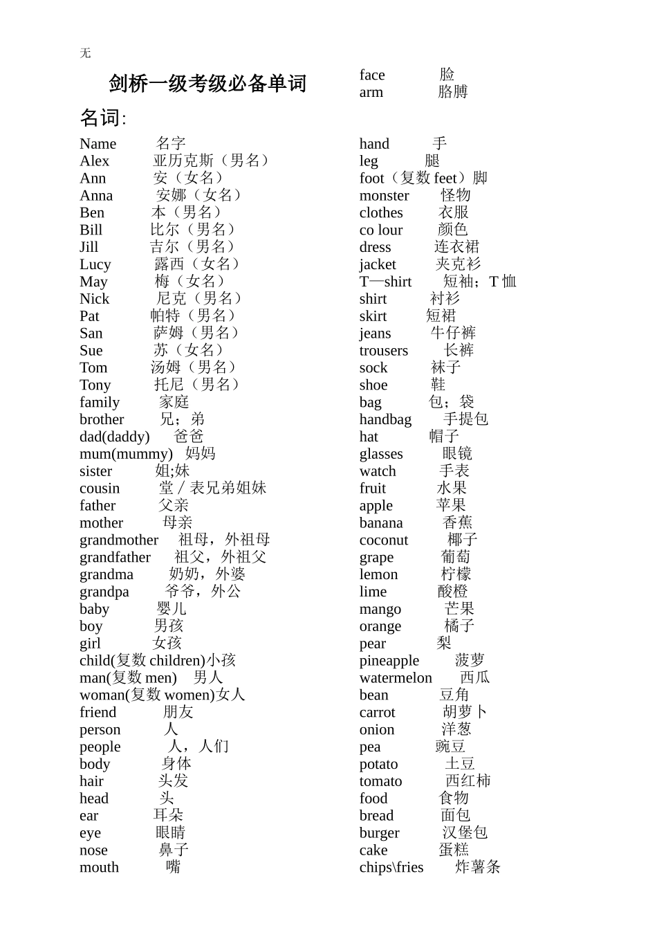 剑桥一级考级必备单词_第1页