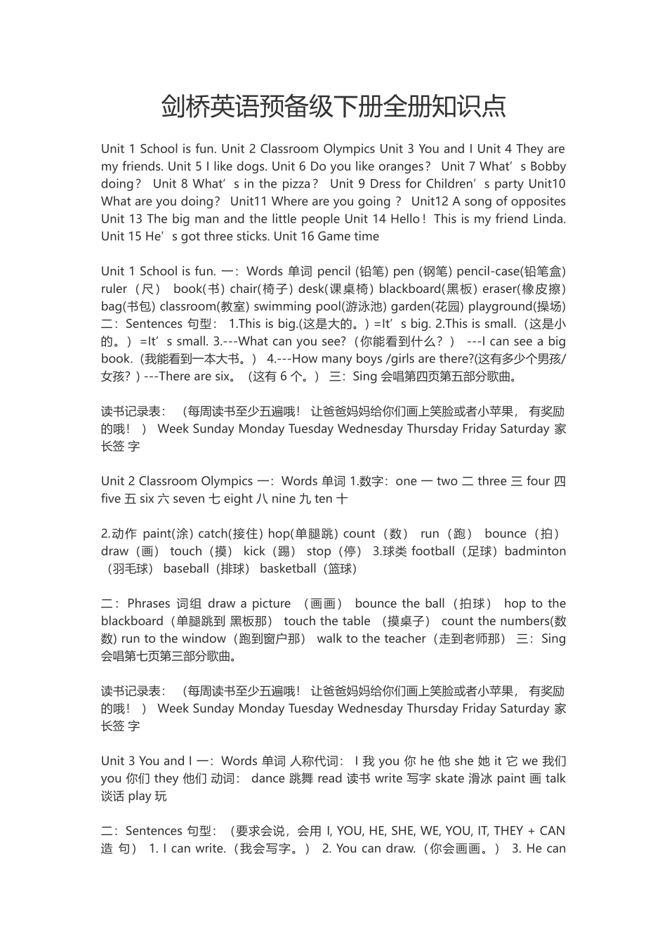剑桥英语预备级下册全册知识点_第1页
