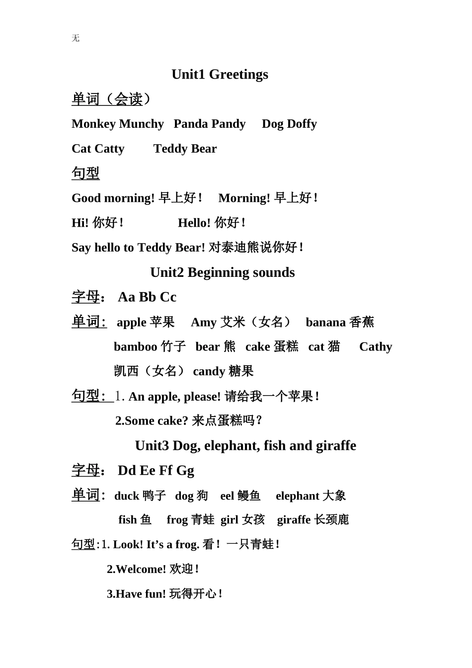 剑桥预备级上册各单元知识点总结_第1页