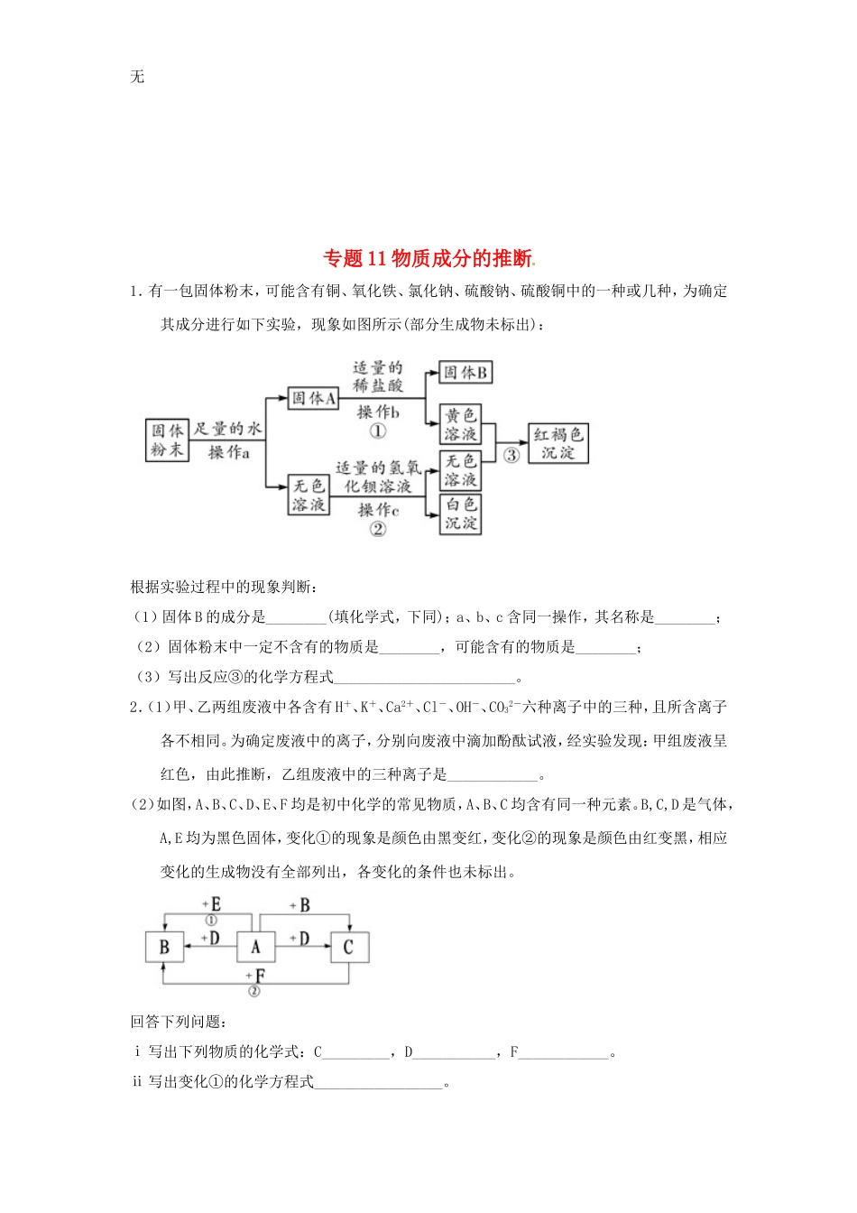 决胜2018中考化学压轴题揭秘专题11物质成分的推断(预测题-无答案)_第1页