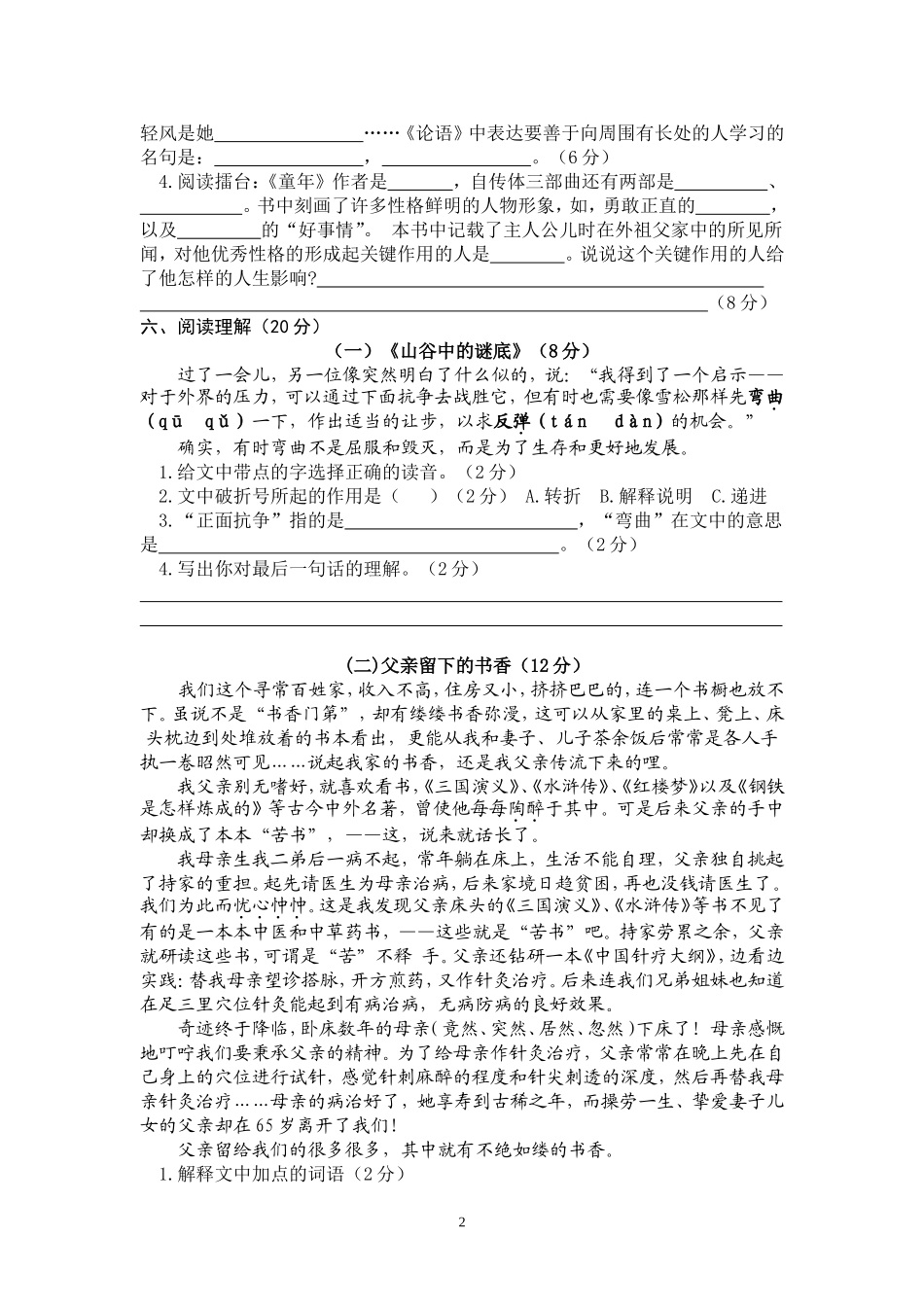 六年级语文下册五月份质量检测试卷_第2页