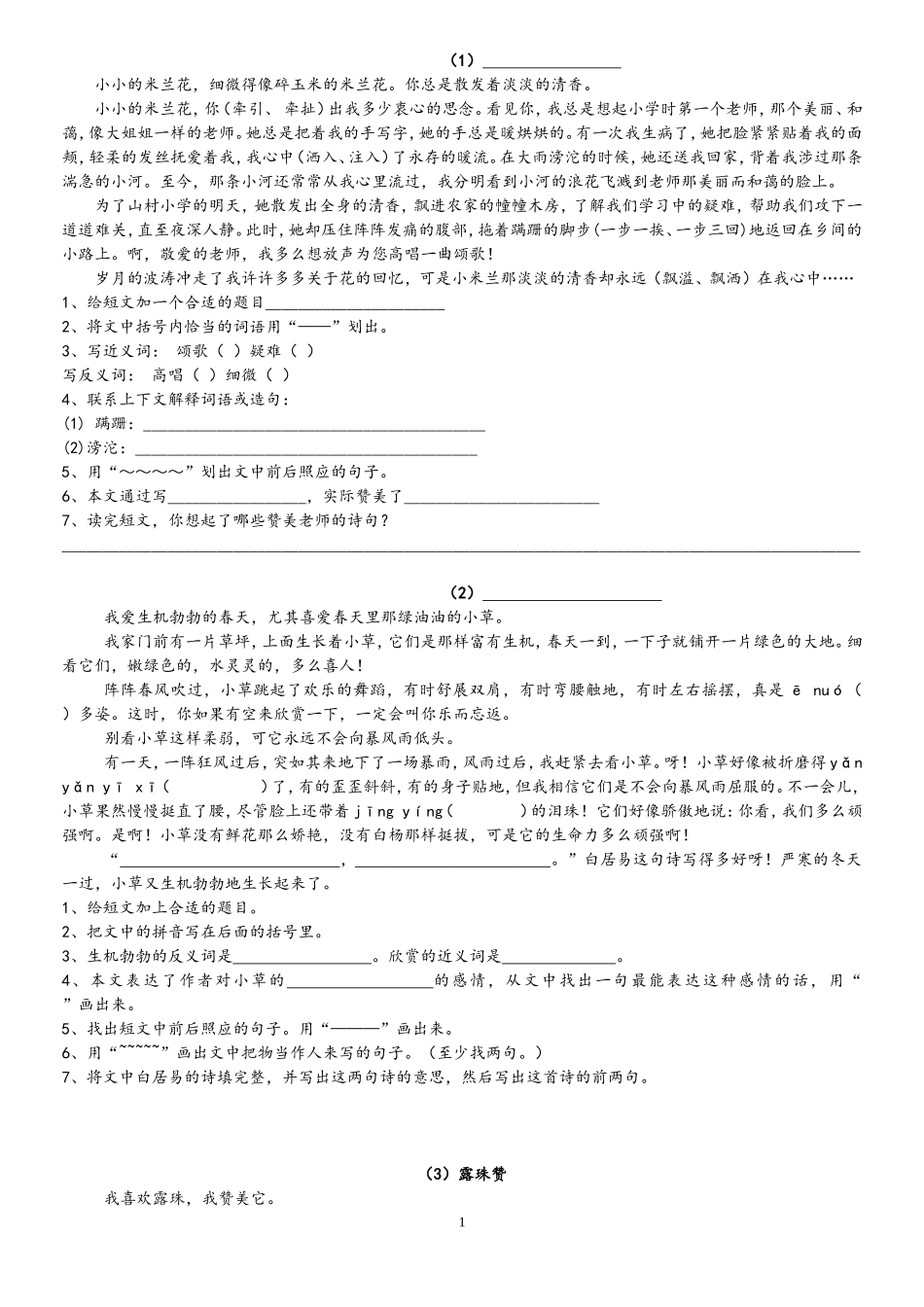 六年级课外阅读训练-39篇-答案在后(同名23279)_第1页