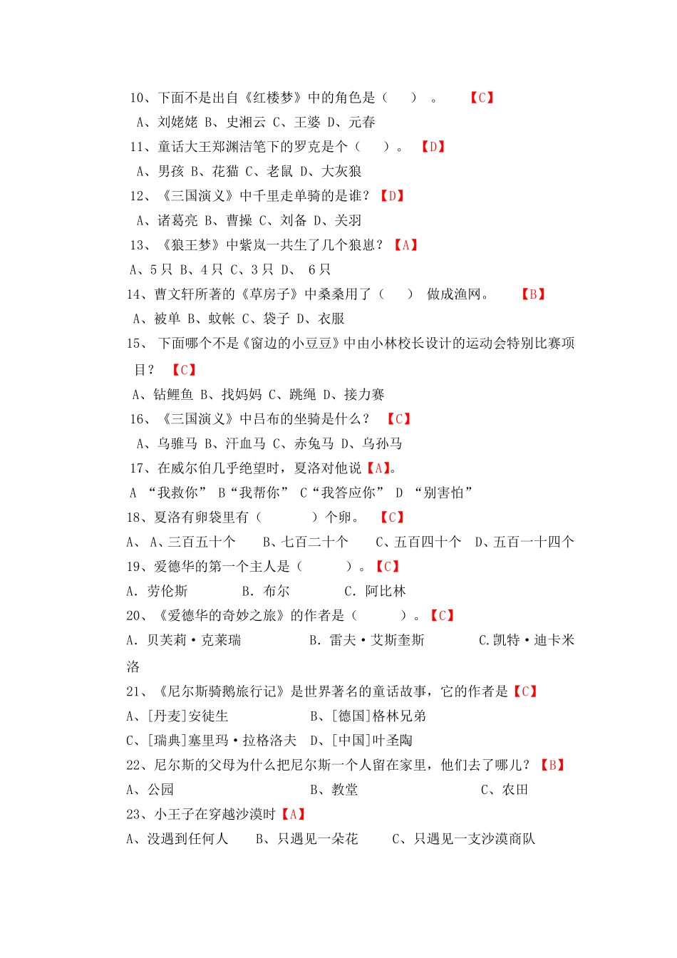 六年级课外阅读知识竞赛试卷_第2页
