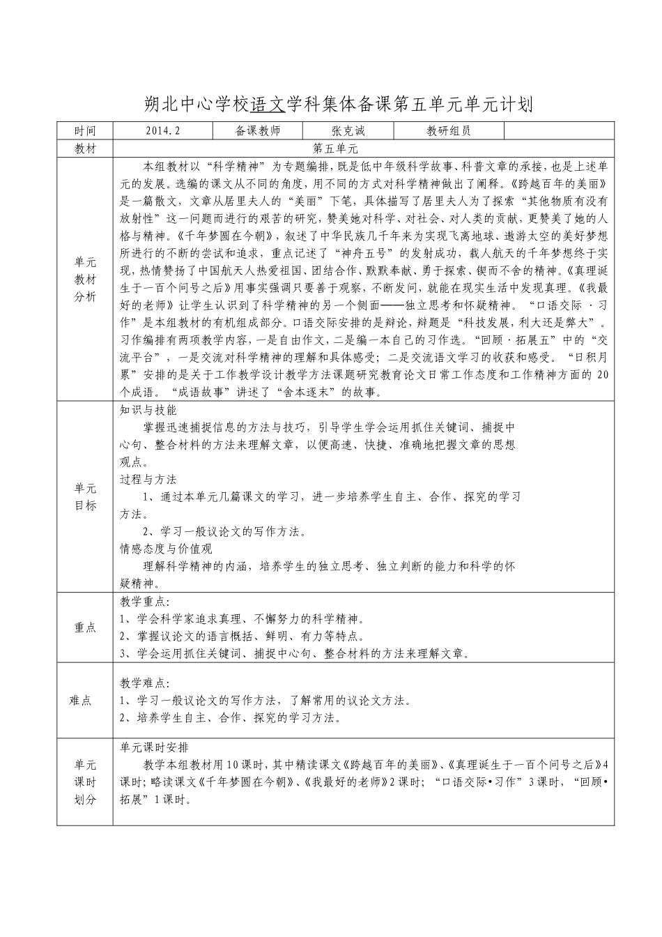 六年级语文下册第五单元集体备课_第1页