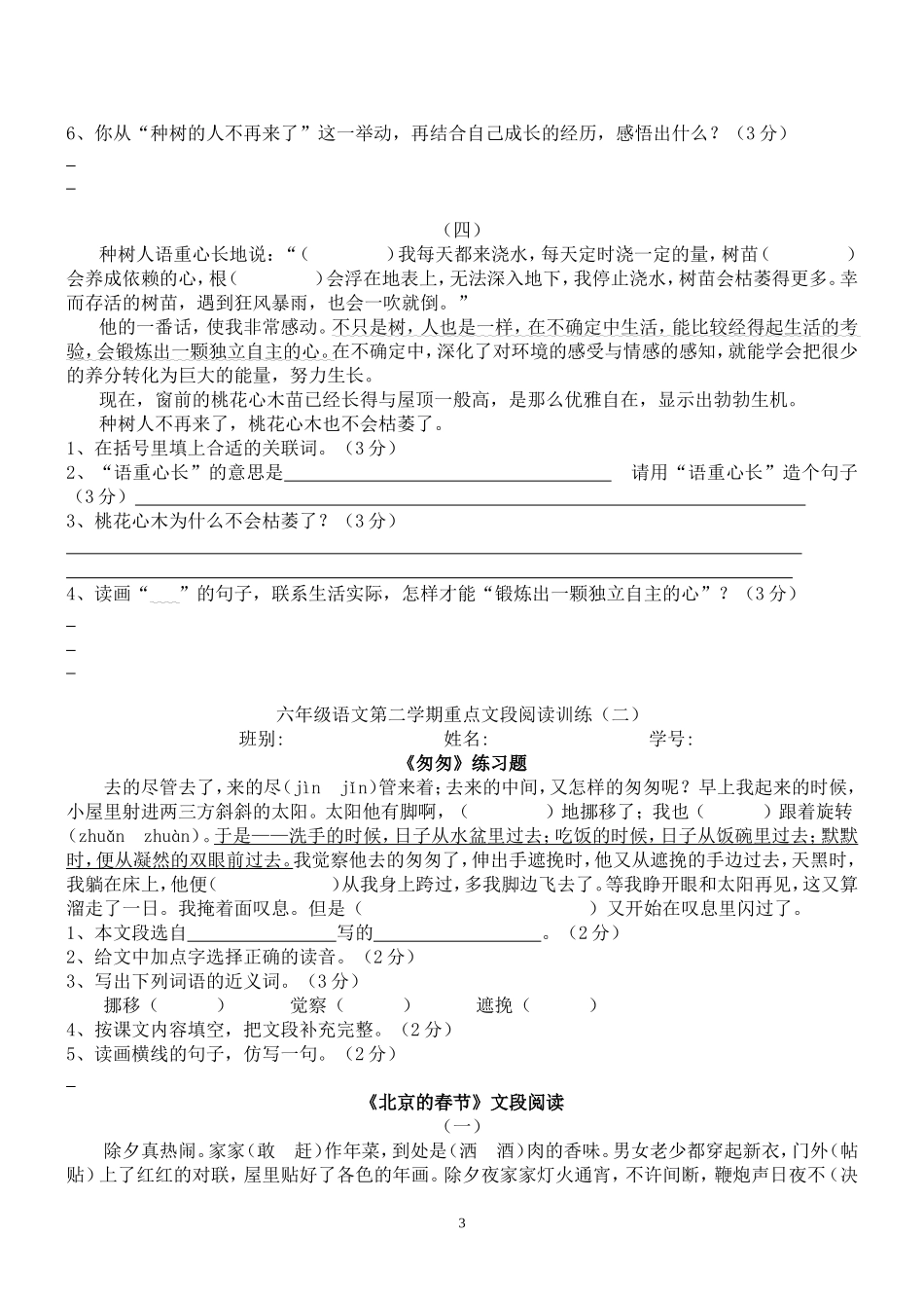 六年级语文下册练习题(重点文段阅读按课时)_第3页