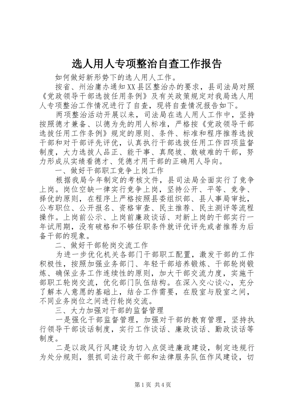 选人用人专项整治自查工作报告_第1页