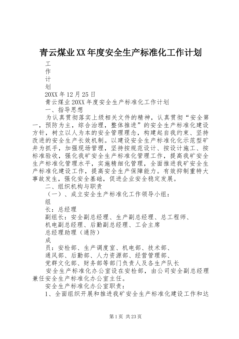 青云煤业年度安全生产标准化工作计划_第1页
