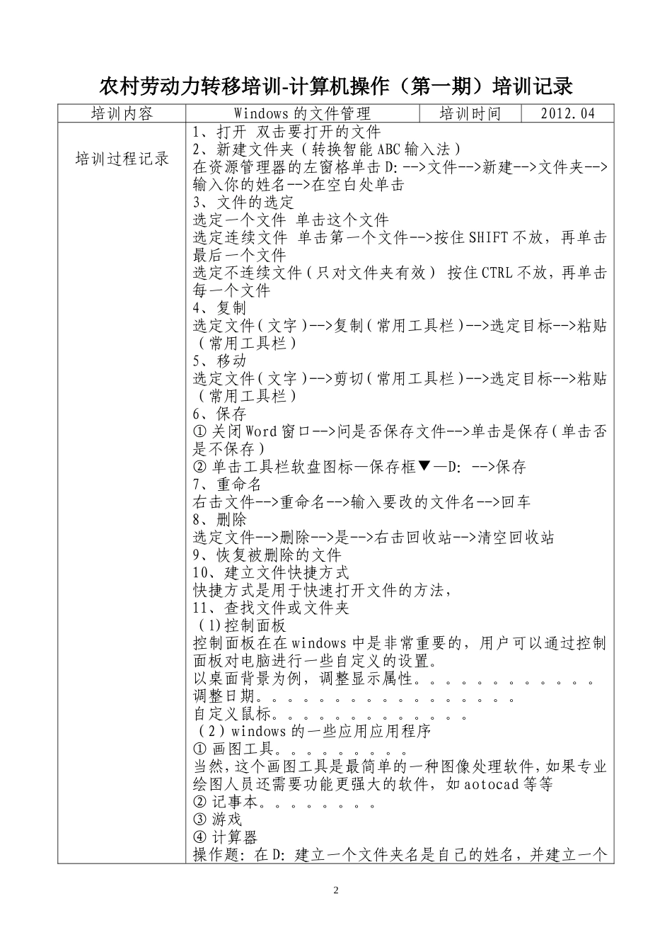 农村劳动力转移培训-计算机操作(第一期)培训记录_第2页