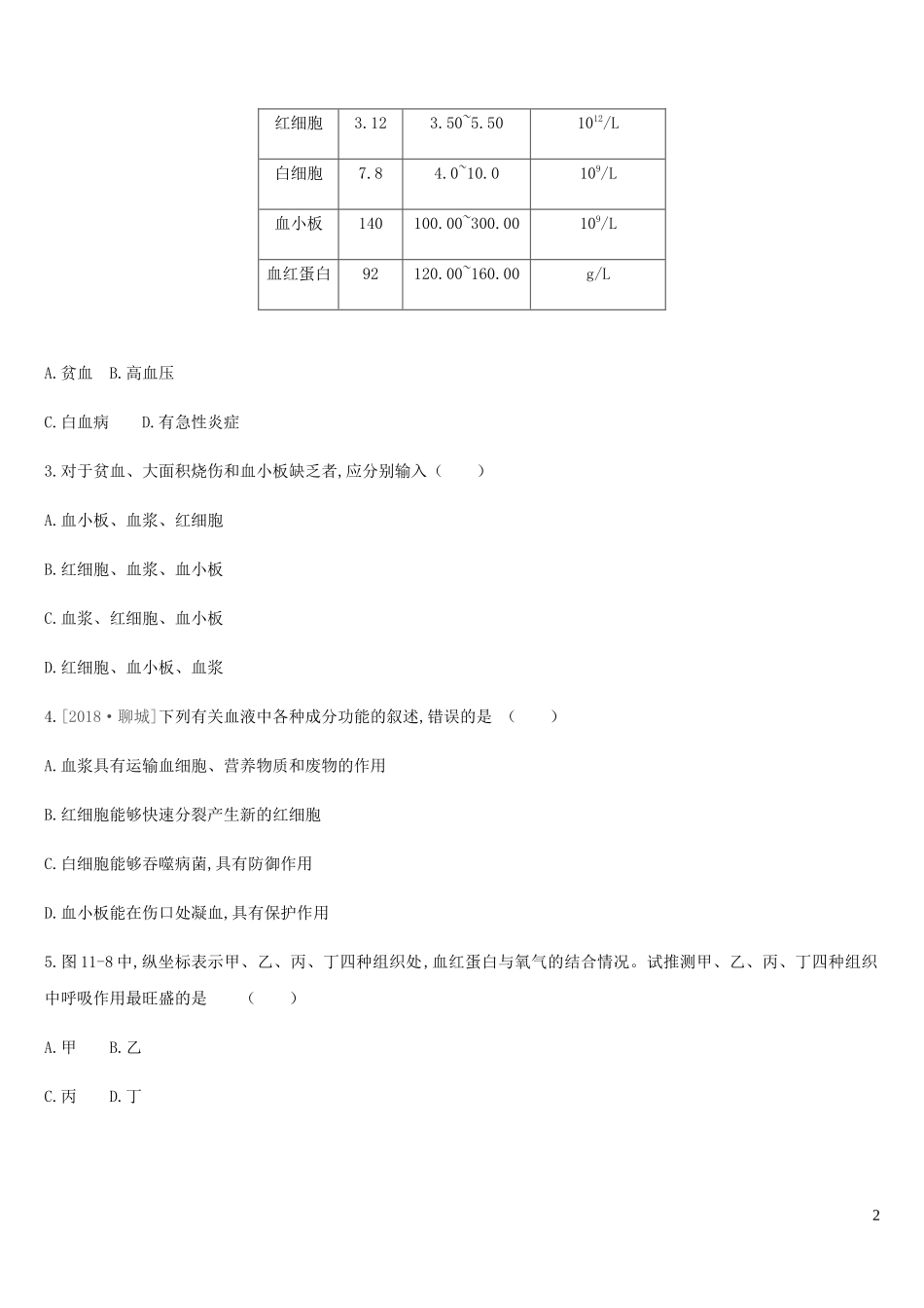 内蒙古包头市2019年中考生物第四单元生物圈中的人第11课时人体内物质的运输复习练习_第2页
