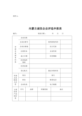 内蒙古诚信企业、人物评选表