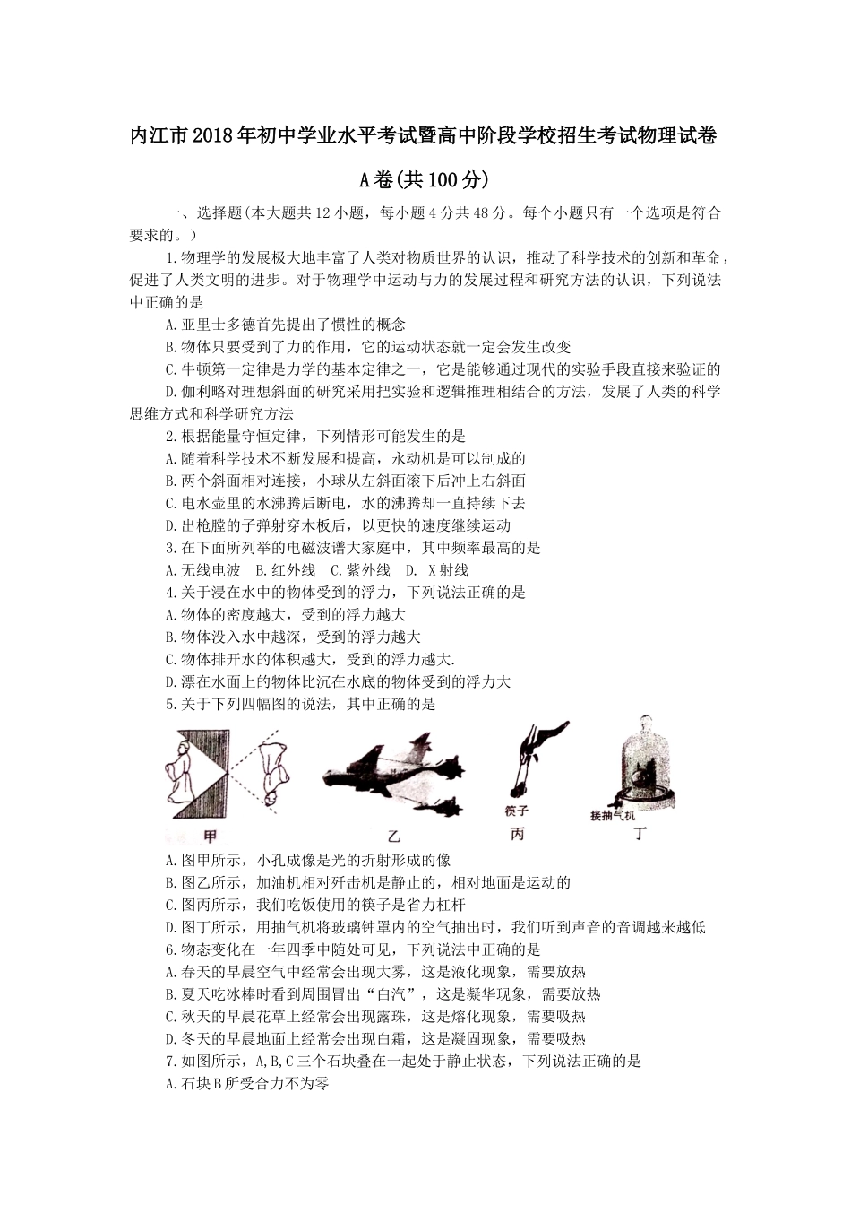 内江2018年中考物理试卷(含答案)_第1页