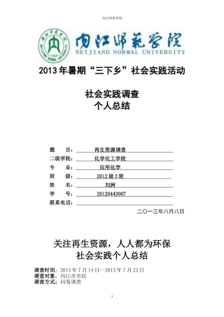内江师范学院暑期三下乡社会实践个人总结