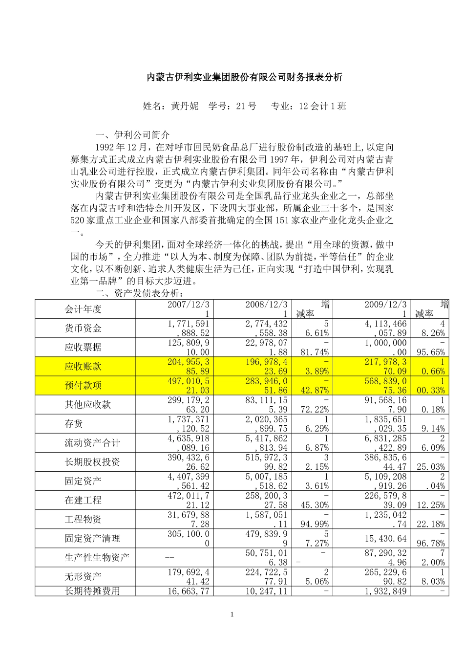 内蒙古伊利实业集团股份有限公司财务报表分析_第1页