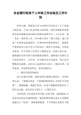 农业银行柜员个人年终工作总结及工作计划
