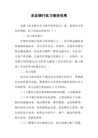 农业银行实习报告优秀