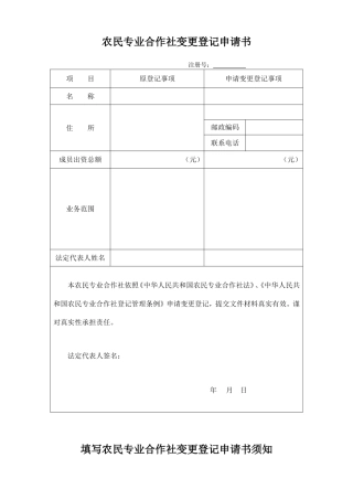 农民专业合作社变更登记申请书