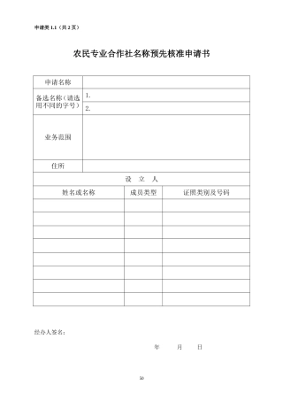 农民专业合作社名称预先核准申请书
