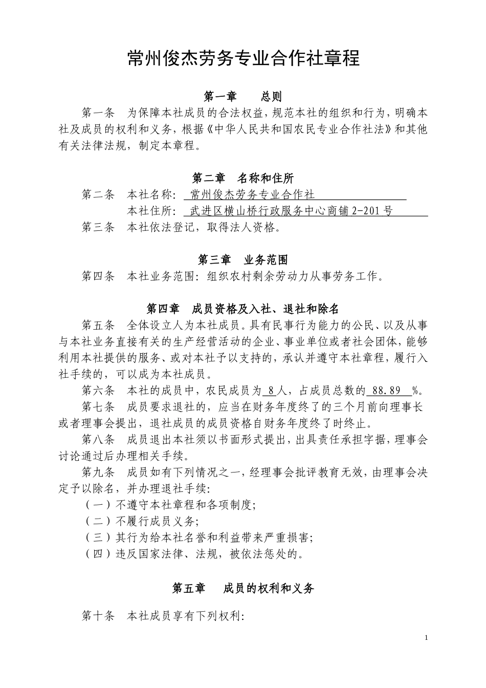 农民专业合作社章程范本(同名5046)_第1页