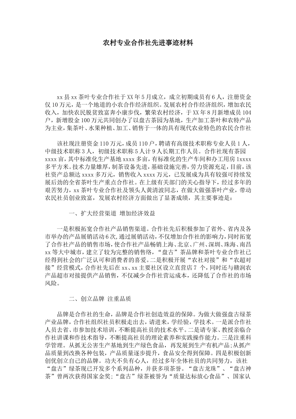 农村专业合作社先进事迹材料-总结报告模板_第1页
