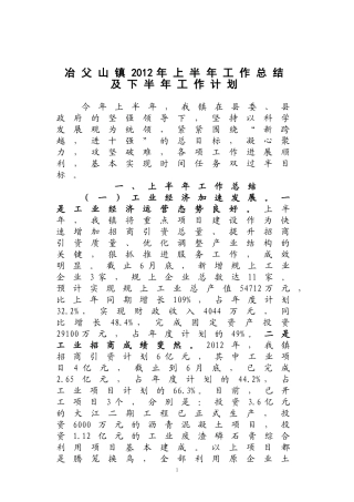 冶父山镇2012年上半年工作总结及下半年工作计划