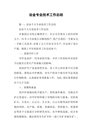 冶金专业技术工作总结